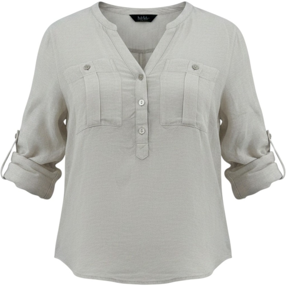 Nicole Miller 100% Linen Roll Tab Button Up Blouse Beige Coastal Beach Women S